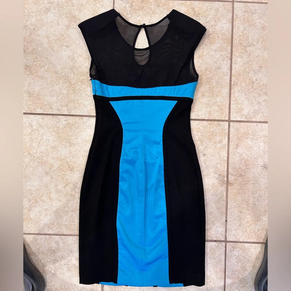 Bebe Melany Mesh Satin Stretch Turquoise Blue and Black Bodycon Pencil Dress XS - Picture 8 of 16